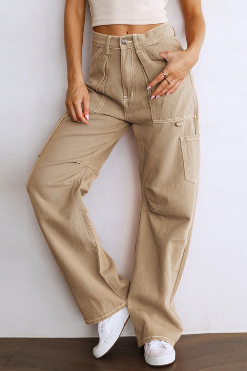 High Waist Straight Leg Cargo Pants with Pockets